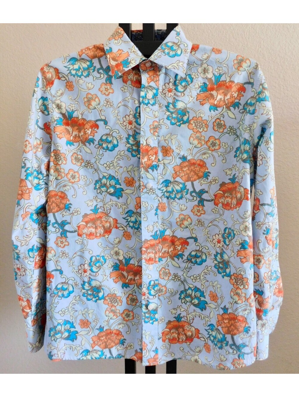 Structure Men's 100% Cotton Floral Print Button Up Shirt Size L Blue Orange